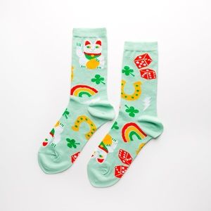 YELLOW OWL WORKSHOP COTTON WOMENS CREW SOCKS LUCKY CAT AND CLOVER OS NWT
